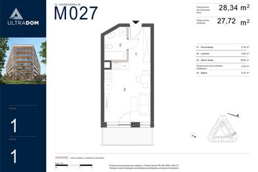 Rzut - Mieszkanie na sprzedaż 1 pokój o powierzchni 28,34 m² - numer M027 w Ultradom