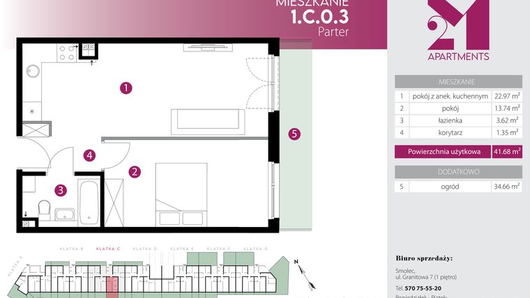 Rzut - Mieszkanie na sprzedaż 2 pokoje o powierzchni 41,68 m² - numer 1.C.0.3 w Maślice Wrocław Milo Dobry Deweloper etap IV