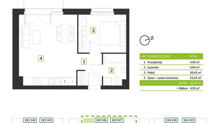 Rzut - Mieszkanie na sprzedaż 2 pokoje o powierzchni 42,44 m² - numer 1K3 M6 w Osiedle Krzeptów przy lesie