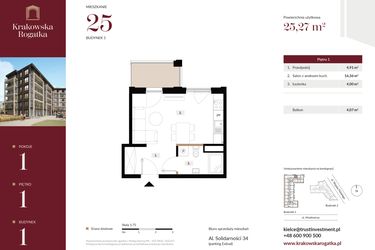 Rzut - Mieszkanie na sprzedaż 1 pokój o powierzchni 25,27 m² - numer 1.M25 w Krakowska Rogatka