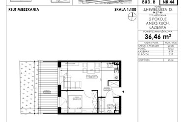 Rzut - Mieszkanie na sprzedaż 2 pokoje o powierzchni 36,46 m² - numer JAR-II-B-LM-M44 w Osiedle JAR Heweliusza etap II