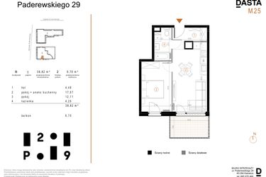 Rzut - Mieszkanie na sprzedaż 2 pokoje o powierzchni 38,82 m² - numer B25 w Paderewskiego 29