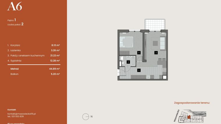 Rzut - Mieszkanie na sprzedaż 2 pokoje o powierzchni 44,89 m² - numer A6 w Mazowiecka 115