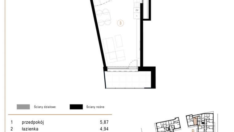 Rzut - Mieszkanie na sprzedaż 1 pokój o powierzchni 33,99 m² - numer B54 w Osiedle Józefowska