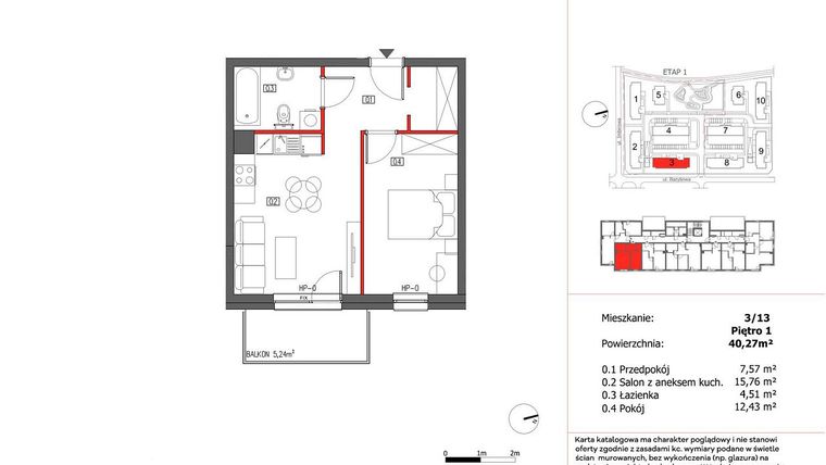 Rzut - Mieszkanie na sprzedaż 2 pokoje o powierzchni 40,27 m² - numer 3/13 w Słoneczny Zakątek