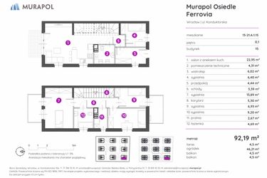 Rzut - Mieszkanie na sprzedaż 5 pokoi o powierzchni 90,1 m² - numer 13-21.A.1.15 w Murapol Osiedle Ferrovia
