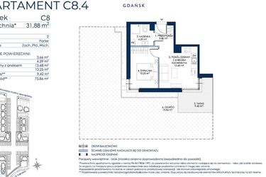 Rzut - Mieszkanie na sprzedaż 2 pokoje o powierzchni 31,93 m² - numer C8.4 w Sol Marina etap III