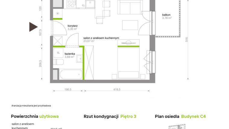 Rzut - Mieszkanie na sprzedaż 1 pokój o powierzchni 30,72 m² - numer C4.3A12 w Bemowo Vita