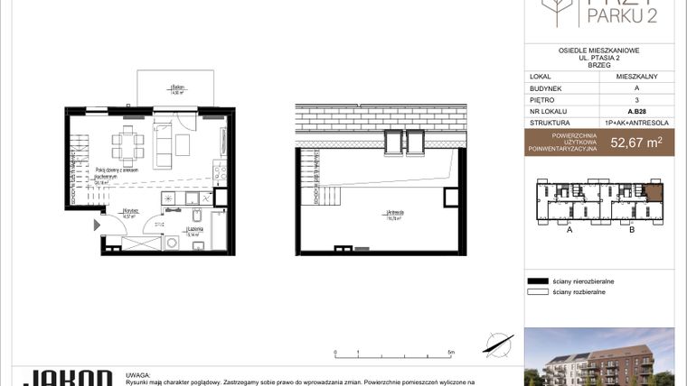 Rzut - Mieszkanie na sprzedaż 1 pokój o powierzchni 52,67 m² - numer A.B28 w Przy Parku 2