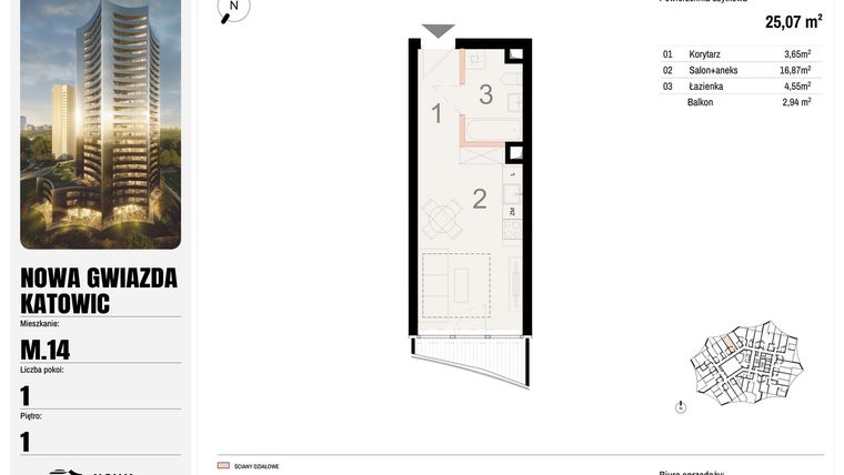 Rzut - Mieszkanie na sprzedaż 1 pokój o powierzchni 25,07 m² - numer M.14 w Nowa Gwiazda