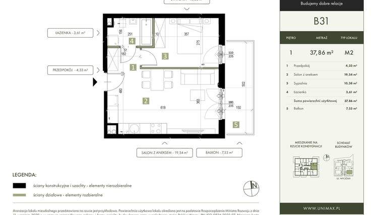 Rzut - Mieszkanie na sprzedaż 2 pokoje o powierzchni 37,86 m² - numer B31 w Quattro Ursynów