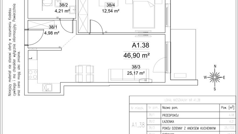Rzut - Mieszkanie na sprzedaż 2 pokoje o powierzchni 46,9 m² - numer A1.38 w FORTnatura