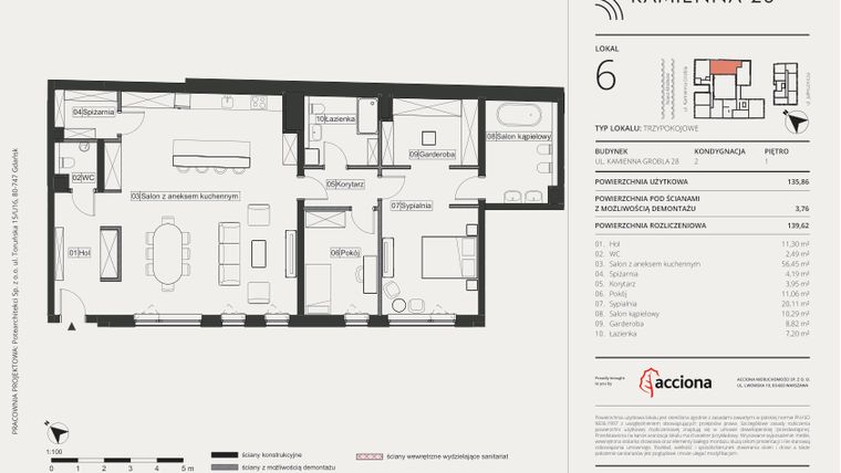 Rzut - Mieszkanie na sprzedaż 3 pokoje o powierzchni 139,62 m² - numer 6 w Kamienna 28