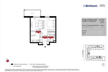 Rzut - Mieszkanie na sprzedaż 1 pokój o powierzchni 38,86 m² - numer L3.261 w Wieża Jeżyce etap VI