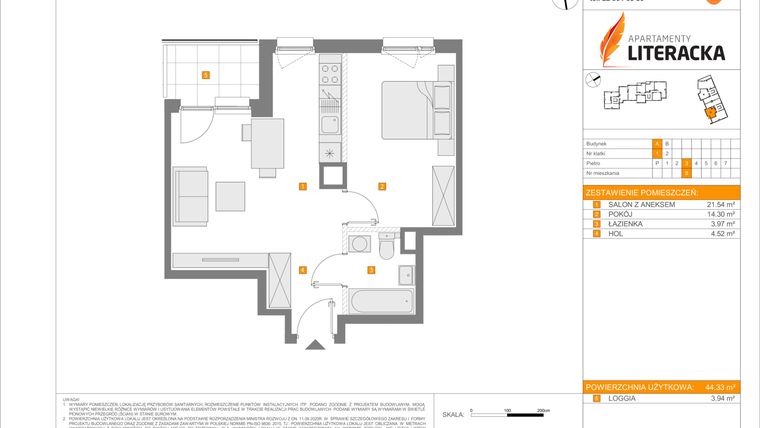 Rzut - Mieszkanie na sprzedaż 2 pokoje o powierzchni 44,33 m² - numer A.8 w Apartamenty Literacka
