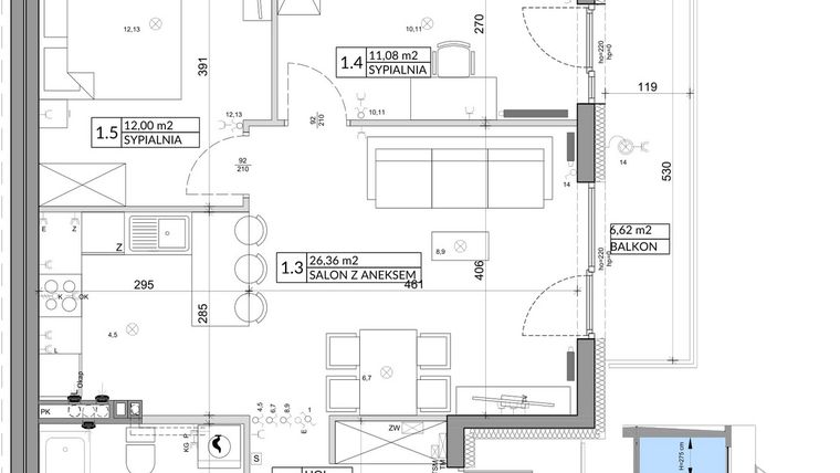 Rzut - Mieszkanie na sprzedaż 3 pokoje o powierzchni 61,85 m² - numer 46B w Osiedle Młodych etap V