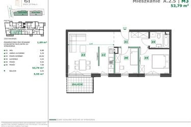 Rzut - Mieszkanie na sprzedaż 3 pokoje o powierzchni 55,36 m² - numer A.2.5 w Apartamenty Pszczyńska