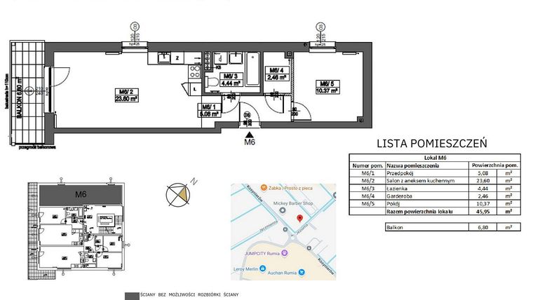 Rzut - Mieszkanie na sprzedaż 2 pokoje o powierzchni 45,95 m² - numer M6 w Jeziorna 1