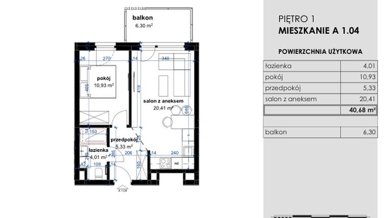 Rzut - Mieszkanie na sprzedaż 2 pokoje o powierzchni 40,68 m² - numer A 1.04 w Osiedle Kwiatowe