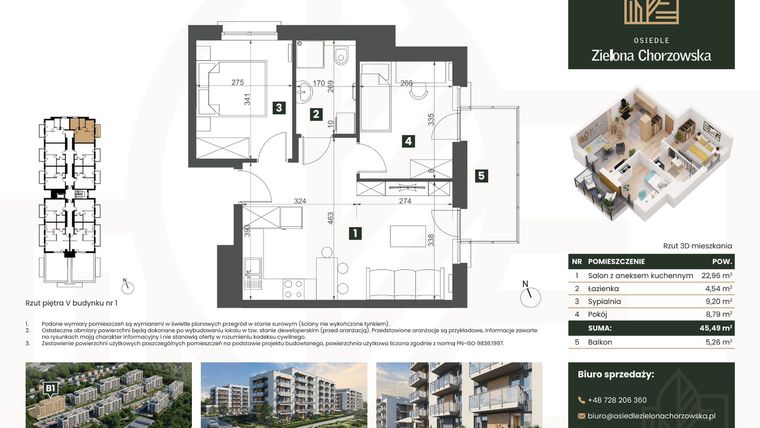 Rzut - Mieszkanie na sprzedaż 2 pokoje o powierzchni 45,49 m² - numer B1.M52 w Osiedle Zielona Chorzowska