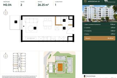 Rzut - Mieszkanie na sprzedaż 1 pokój o powierzchni 26,25 m² - numer 2.M2.04 w Wierzbowa 20