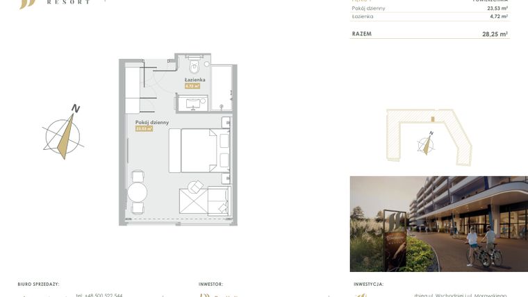 Rzut - Mieszkanie na sprzedaż 1 pokój o powierzchni 28,25 m² - numer H.1.19 w Harmony Resort