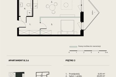 Rzut - Mieszkanie na sprzedaż 2 pokoje o powierzchni 45,26 m² - numer B/3/6 w Ogrodowa 12