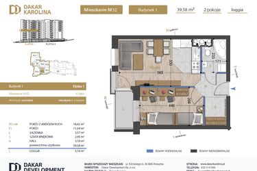 Rzut - Mieszkanie na sprzedaż 2 pokoje o powierzchni 39,58 m² - numer 32 w Osiedle Dakar Karolina