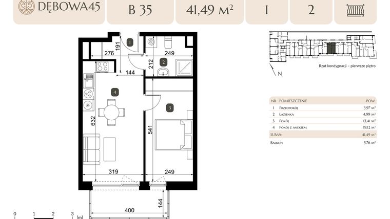 Rzut - Mieszkanie na sprzedaż 2 pokoje o powierzchni 41,49 m² - numer B.35 w Dębowa 45