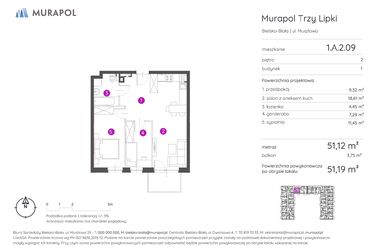 Rzut - Mieszkanie na sprzedaż 2 pokoje o powierzchni 51,19 m² - numer 1.A.2.09 w Murapol Trzy Lipki
