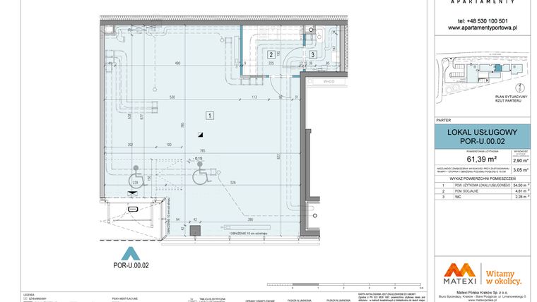 Rzut - Lokal użytkowy na sprzedaż 1 pokój o powierzchni 61,39 m² - numer U.00.02 w Apartamenty Portowa