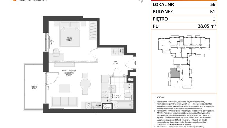 Rzut - Mieszkanie na sprzedaż 2 pokoje o powierzchni 38,05 m² - numer 56 w Locus 2