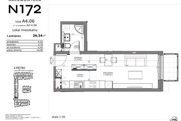 Rzut - Mieszkanie na sprzedaż 1 pokój o powierzchni 26,34 m² - numer A4.06 w Naramowicka 172