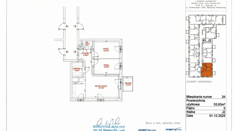 Rzut - Mieszkanie na sprzedaż 3 pokoje o powierzchni 53,83 m² - numer J2-34 w Park Leśny Rembertów etap VIII