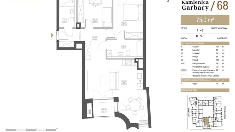 Rzut - Mieszkanie na sprzedaż 3 pokoje o powierzchni 75,27 m² - numer 46 w Garbary 68
