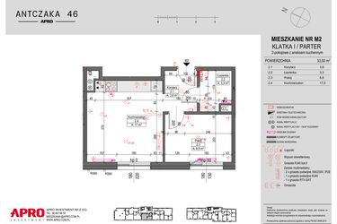 Rzut - Mieszkanie na sprzedaż 2 pokoje o powierzchni 33 m² - numer M2 w Antczaka 46