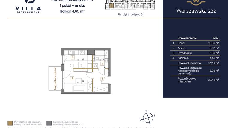 Rzut - Mieszkanie na sprzedaż 1 pokój o powierzchni 29,11 m² - numer 45 w Warszawska 222 bud. D