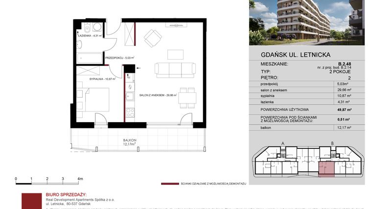 Rzut - Mieszkanie na sprzedaż 2 pokoje o powierzchni 49,87 m² - numer B.2.48 w Letnicka Residence