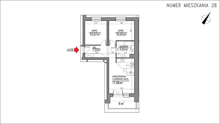 Rzut - Mieszkanie na sprzedaż 3 pokoje o powierzchni 52,07 m² - numer 1m.28 w Osiedle Rytm