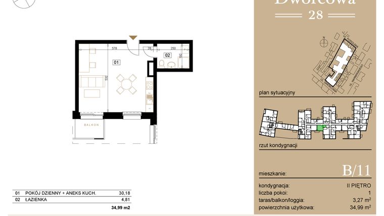 Rzut - Mieszkanie na sprzedaż 1 pokój o powierzchni 35,29 m² - numer B11 w Dworcowa 28