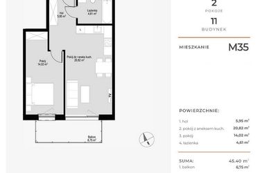 Rzut - Mieszkanie na sprzedaż 2 pokoje o powierzchni 45,85 m² - numer M35 w Łepkowskiego 11
