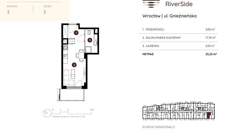 Rzut - Mieszkanie na sprzedaż 1 pokój o powierzchni 25,23 m² - numer 3.A.3.04 w Murapol RiverSide