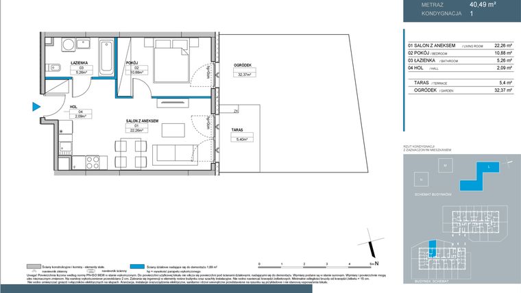 Rzut - Mieszkanie na sprzedaż 2 pokoje o powierzchni 40,5 m² - numer L1.1.08 w Nordic Bemowo - etap III