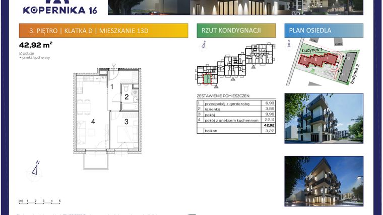 Rzut - Mieszkanie na sprzedaż 2 pokoje o powierzchni 42,92 m² - numer D13 w Kopernika Szesnaście