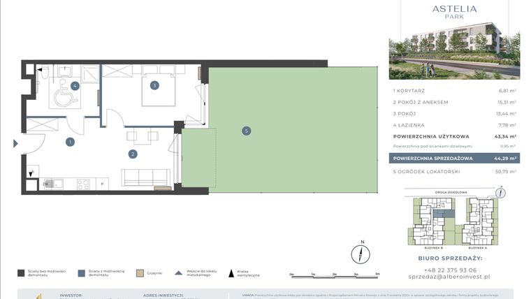 Rzut - Mieszkanie na sprzedaż 2 pokoje o powierzchni 43,34 m² - numer 3.1B.05 w Astelia Park etap 1A i 3