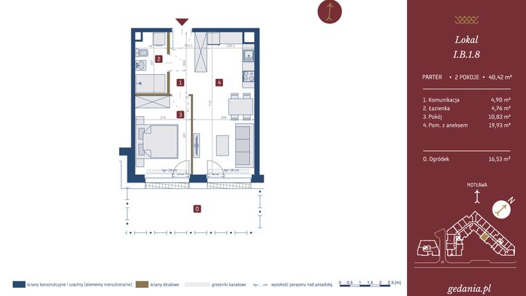 Rzut - Mieszkanie na sprzedaż 2 pokoje o powierzchni 40,42 m² - numer I.B.1.8 w GEDANIA Riverside Living - apartamenty inwestycyjne