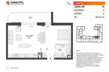 Rzut - Mieszkanie na sprzedaż 1 pokój o powierzchni 44,53 m² - numer A.75 w Esencja