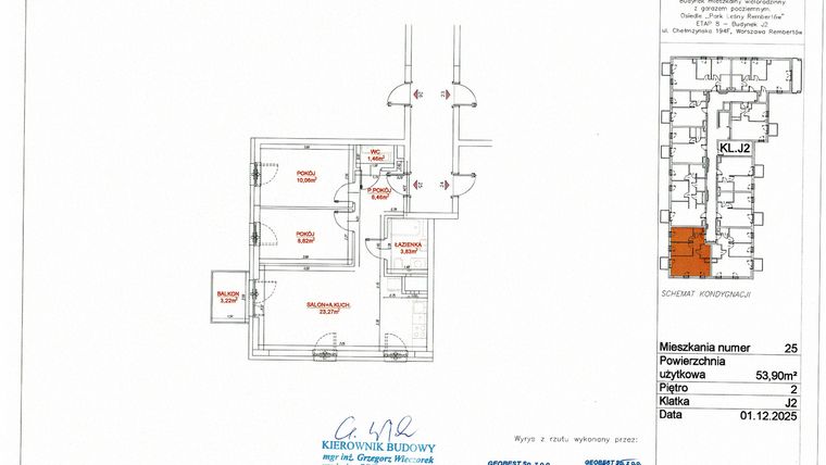 Rzut - Mieszkanie na sprzedaż 3 pokoje o powierzchni 53,86 m² - numer J2-25 w Park Leśny Rembertów etap VIII