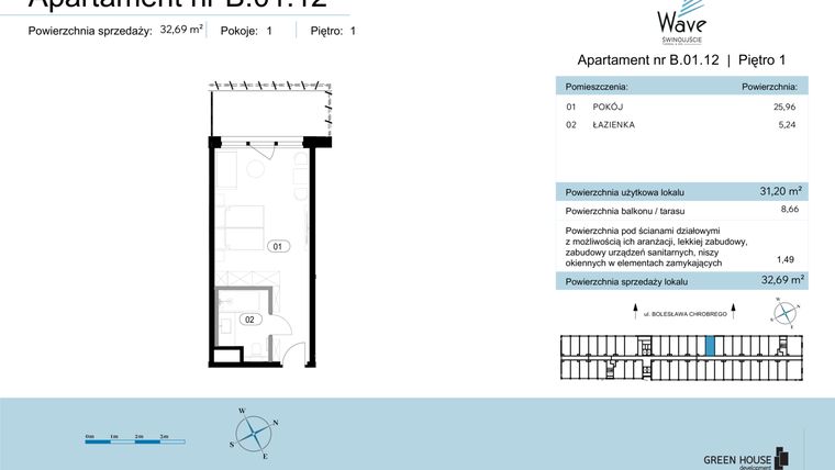 Rzut - Mieszkanie na sprzedaż 1 pokój o powierzchni 32,69 m² - numer B.01.12 w Wave Świnoujście Thermal & Spa