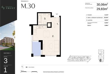 Rzut - Mieszkanie na sprzedaż 1 pokój o powierzchni 30,06 m² - numer C - M.30 w Dzielnica Trust - etap I